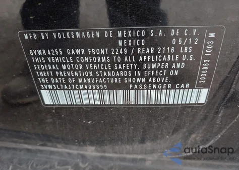 2012 Volkswagen Jetta 2.0L Tdi from USA, damaged, VIN 3VW3L7AJ7CM408899